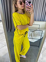 Модный стильный женский костюм-"двойка,"декорирован атласным кантом Креп 42-44,46-48 Цвета 4 Жёлтый