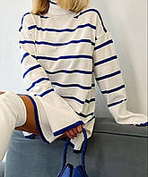 Стильный тёпленький женский свитер свободного кроя в полосочку Турция Вязка 42-48 Цвета белый