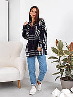 Теплая женская рубашка на байке, клетка, пуговицы, карманы 42-46, 48-52 Цвет Синий