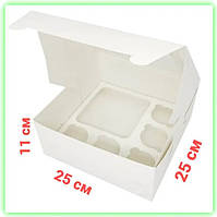Картонная коробка белая для бенто торта 5 капкейков с прозрачным окном 250*250*110 мм Korob(1)