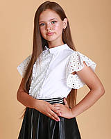 Белая нарядная блузка для девочки подростка с коротким рукавом школьная праздничная блузка в школу