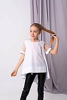 Біла нарядна блузка туніка для дівчинки підлітка з коротким рукавом натуральна бавовна шкільна святкова блуза в школу