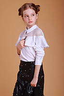 Белая нарядная блузка для девочки подростка с длинным рукавом школьная праздничная блузка в школу