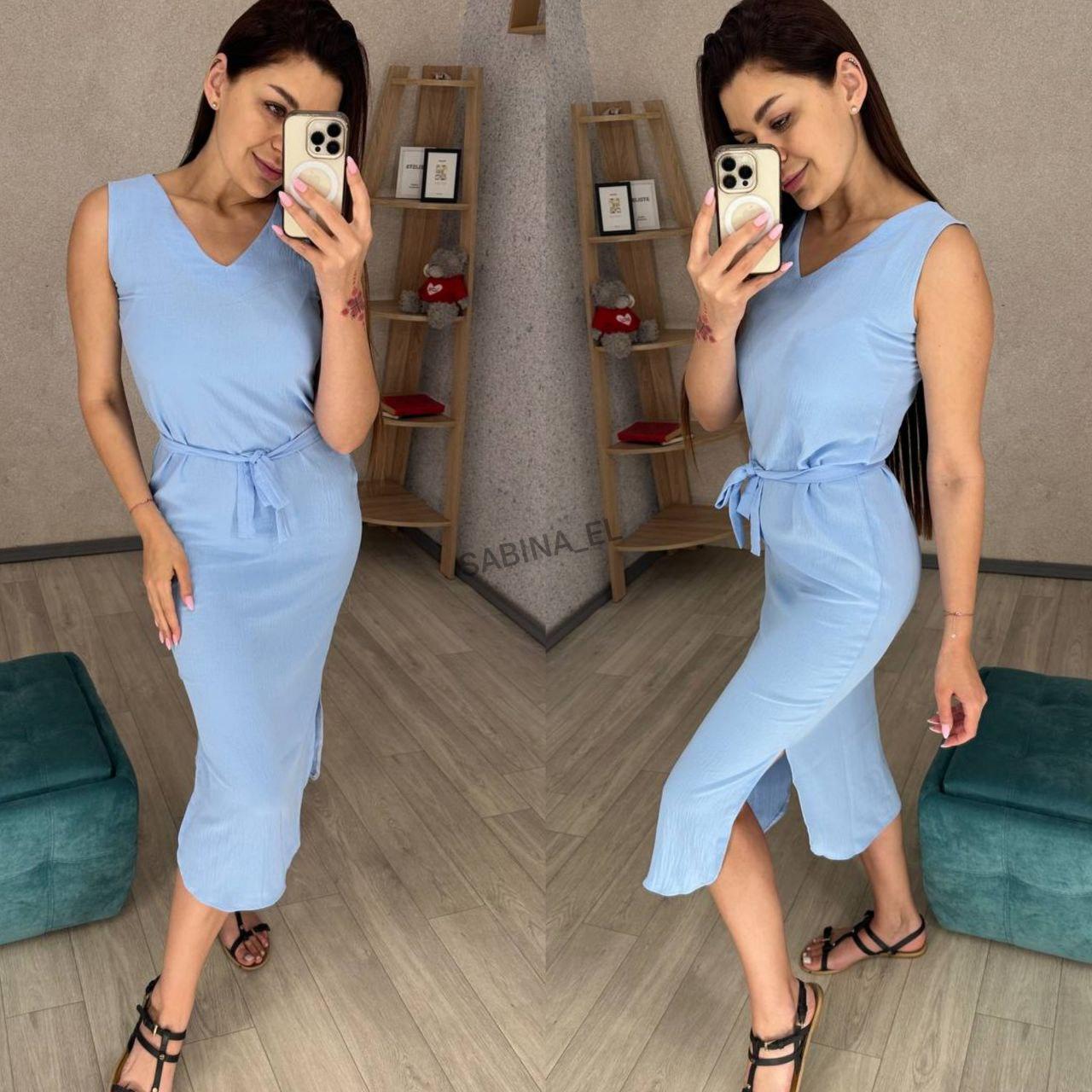 Жіноча літня пряма пряма однотонна сукня з поясом (Розміри 42-44,46-48,50-52), Блакитна