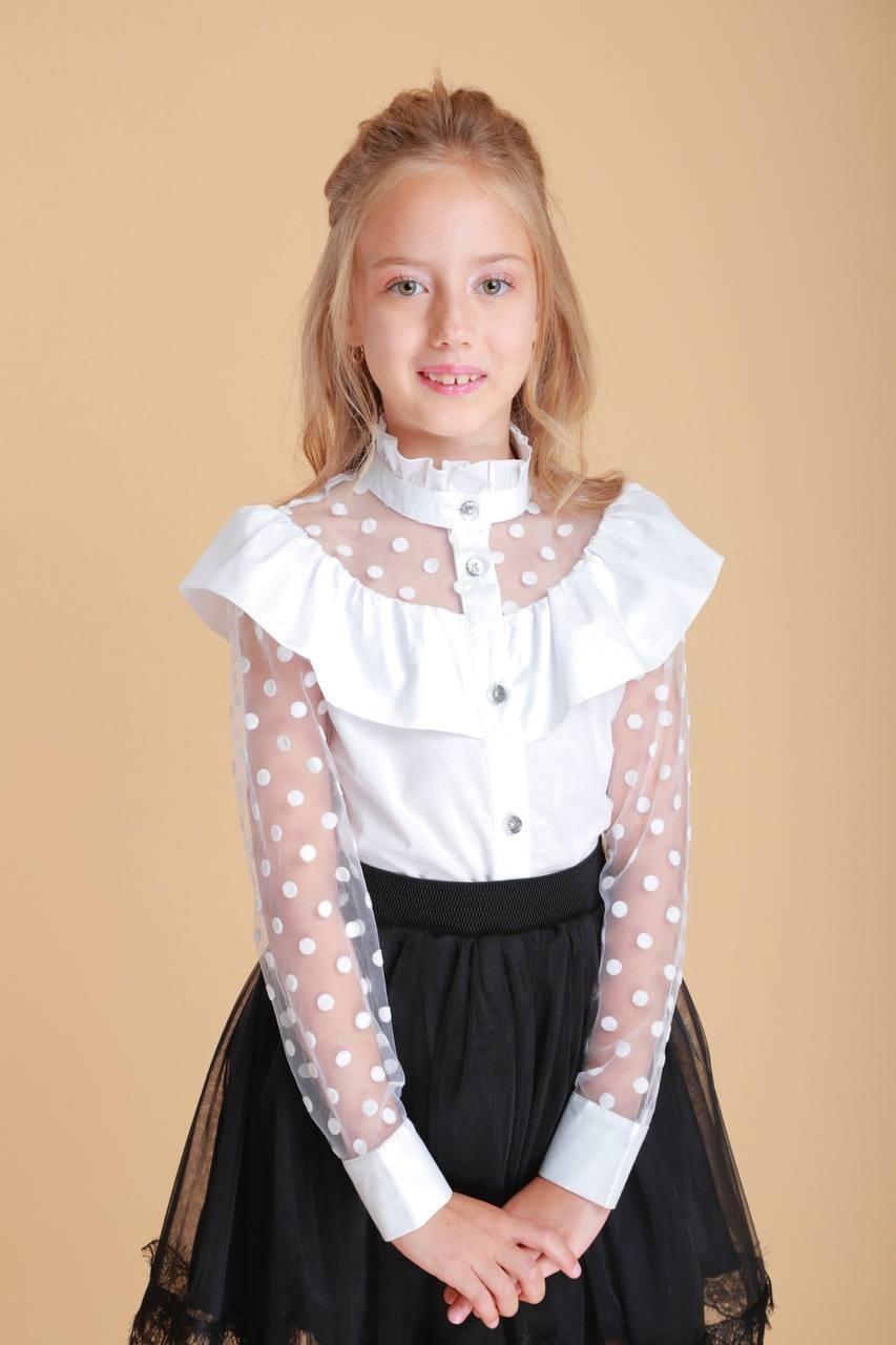 Біла нарядна блузка для дівчинки підлітка з довгим рукавом натуральна бавовна шкільна святкова блуза в школу