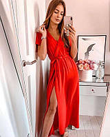 Стильне модне жіноче плаття-халат, рукав крильця, у підлогу, кутлявий виріз, з поясом Софт 42-46 Кольори 4 Червоний