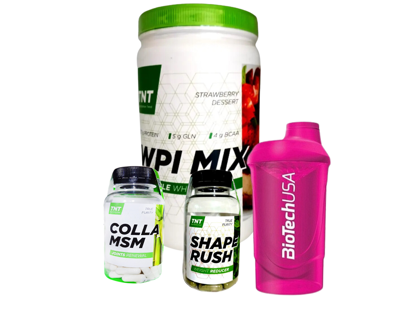 Набір для схуднення: Ізолят смак полуниця, жироспалювач Shape Rush, колаген COLLA-MSM TNT + Шейкер, фото 1