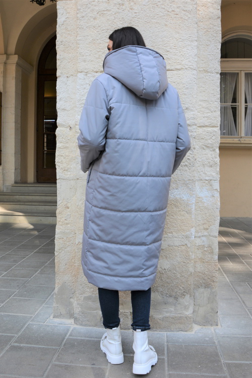 Теплое длинное пальто со вставкой для живота для беременных, серое M - фото 3 - id-p1925312395