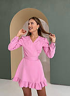Модное корокое женское платье на запах. Длинный рукав, декольте. Ткань костюмка. 42,44,46. Цвет6 Розовый