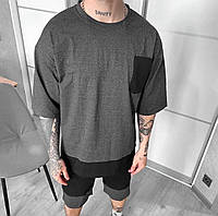 Стильный модный мужской спортивный костюм ,футболка и велотреки Трикотаж46,48,50,52Цвет графит/чёрн