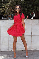 Лёгкое женское платье в горох на пуговицах, на талии резинка Мини Супер софт 42-44,46-48 Цвет 6 Красный