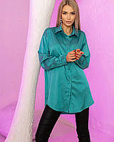 Модная стильная,женская блузка-туника спущенное плечо,воротник стойка,на пуговицахШёлк армани48-52Цвет5Изумруд