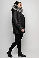 Зимняя короткая женская теплая куртка черного цвета с мехом песца