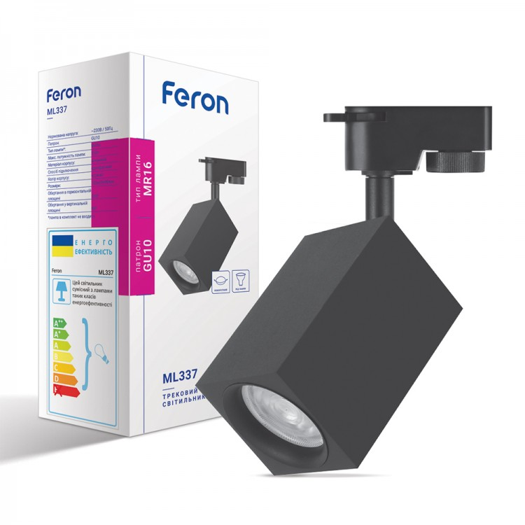 Трековий світильник Feron ML337 GU10 під змінну LED лампу 60х100(185)мм IP20 чорний, фото 1