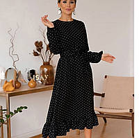 Стильное модное женское шикарное платье в горошек с воланом по низу юбки,рукав длинный Софт 50-52,54-56 Цвета4