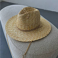 Літній солом'яний капелюх Федора із широкими полями, ланцюжком, пірсінгом та булавкою