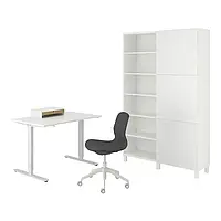 IKEA TROTTEN/LÅNGFJÄLL / BESTÅ/LAPPVIKEN(994.365.88), комбинация стол/шкаф, и бело-серое вращающееся кресло