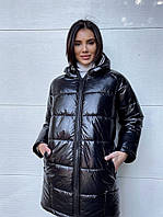 Очень стильное красивое женское пальто-курточка "Лакі" Плащевка лак, синтепон 300 42-44;44-46,46-48Цвет чёрный