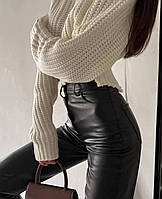 Модные стильные тёплые женские брюки Эко-кожа НА ФЛИСЕ 42-46 Цвет чёрный