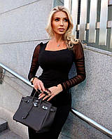 Эффектное стильное модное платье с сеточкой и цепочкамиКреп дайвинг 42-44,46-48 Цвет черный