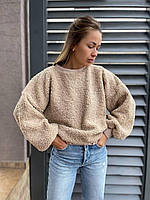 Модний жіночий светр/худі/толстовка. Вільного крою, штучне хутро, широкий рукав, манжети. (Квіти 2)Беж