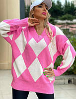 Яркий стильный женский свитер. Длинный рукав,V образный вырез.Принт. Машинная вязка. 42,44,46.(Цвета 4)Розовый