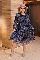 Шикарное женское очень красивое шифоновое платье.Миди.С принтом 50-52,54-56,58-60,62-64 Цвета2 Синее