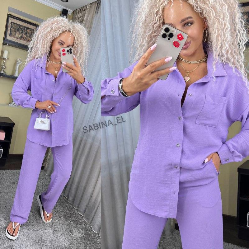 Костюм жіночий двійка зі штанами та сорочкою oversize (Розміри S,M,L,XL), Ліловий