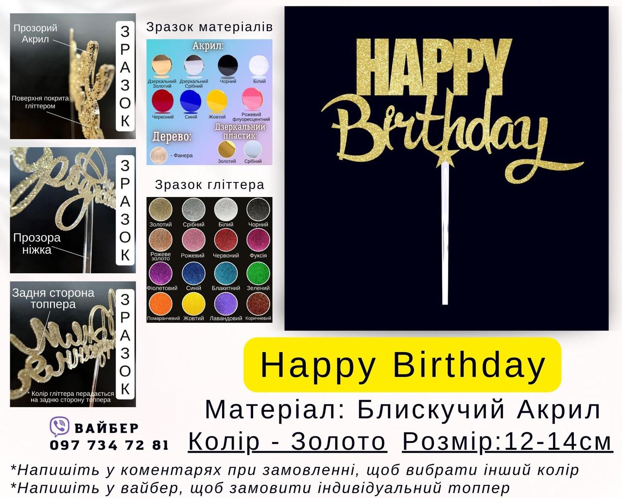 Топпер Happy Birthday золотий | Нові Топпери для Тортів з Прозорого Акрилу та Гліттером!