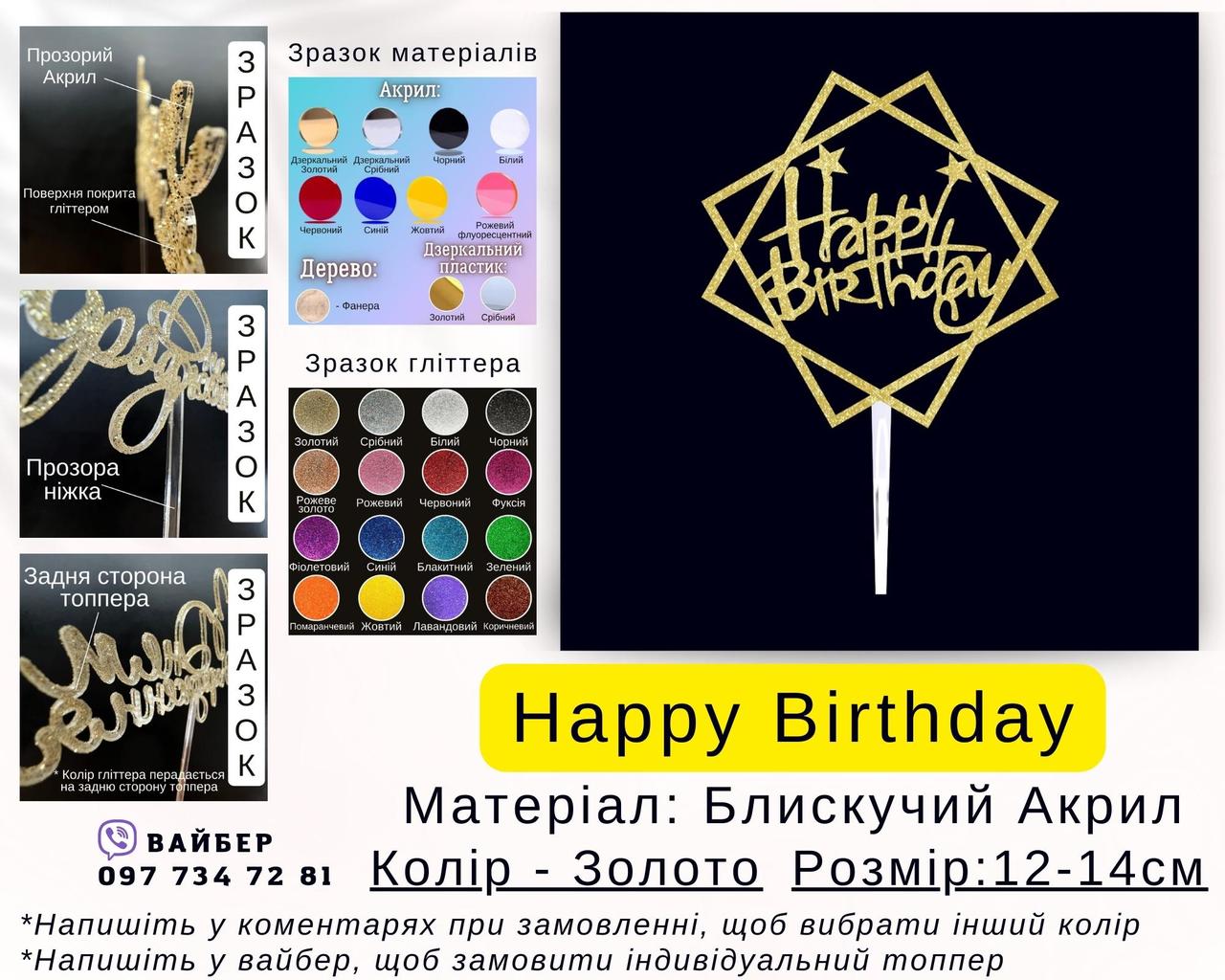 Топер Happy Birthday у формі квадрата Топер квадратний Happy Birthday Золотий топер на торт