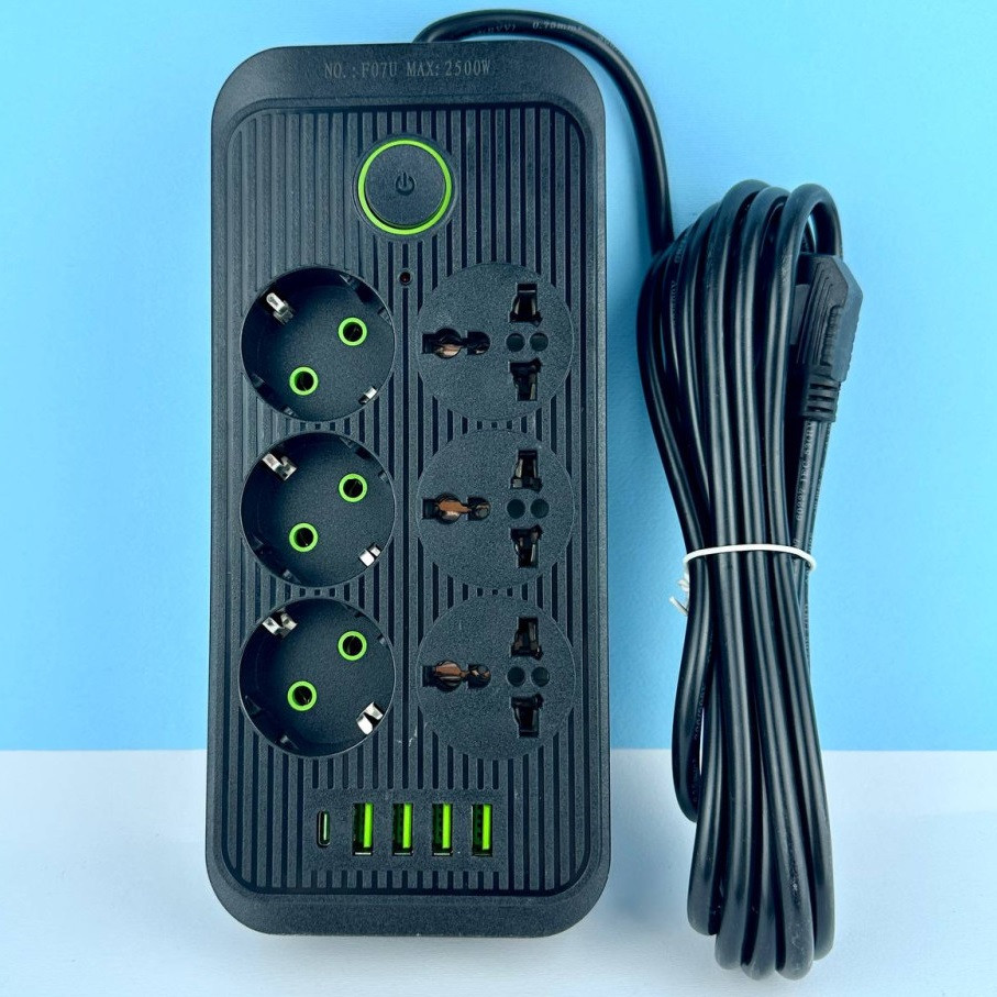Подовжувач мережевий переноска 6 метрів MEILEPAI F07U на 6 розеток (3EU+3Universal) + 4USB + 1Type-C Чорний, фото 1