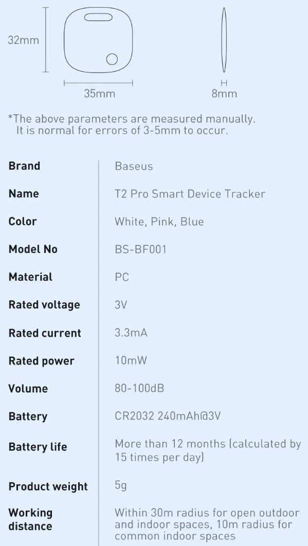 Поисковый брелок треккер BASEUS T2 Pro Smart Device Tracker FMTP000002 10-30m 365 дней Белый - фото 9 - id-p1925501650
