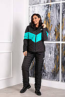 Тёплый лыжный зимний женский костюм штаны куртка на овчине с капюшоном тёмно-синий мята42 44 46 48 50 52 54 56 Чёрный с мятой, 54