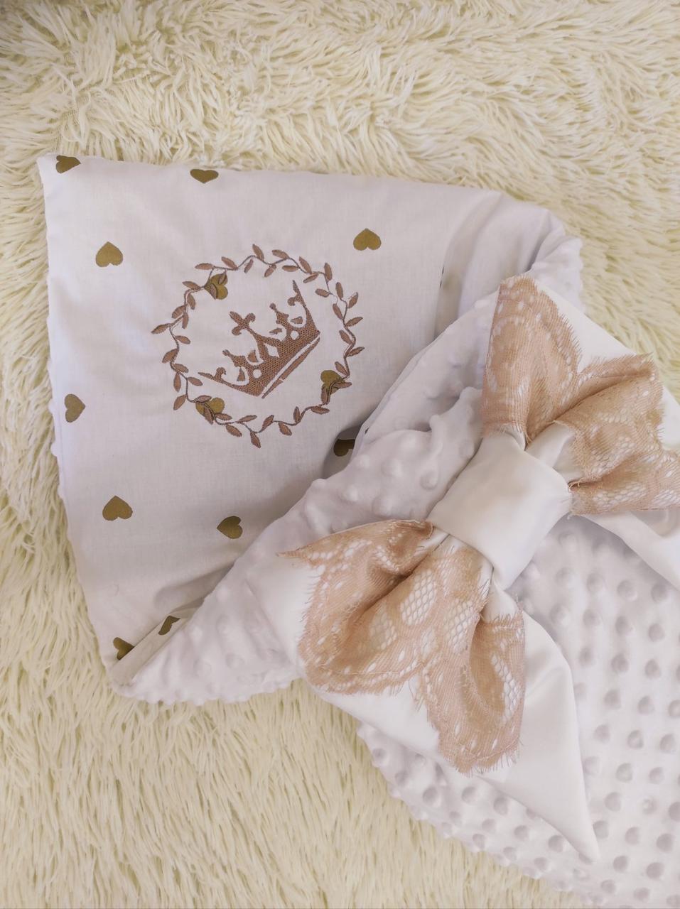 Демисезонный плюшевый конверт для малышей, вышивка Корона, белый - фото 2 - id-p1925541250