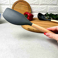 Силіконова кухонна лопатка з дерев'яною ручкою 32*6,4 см Сіра, фото 3