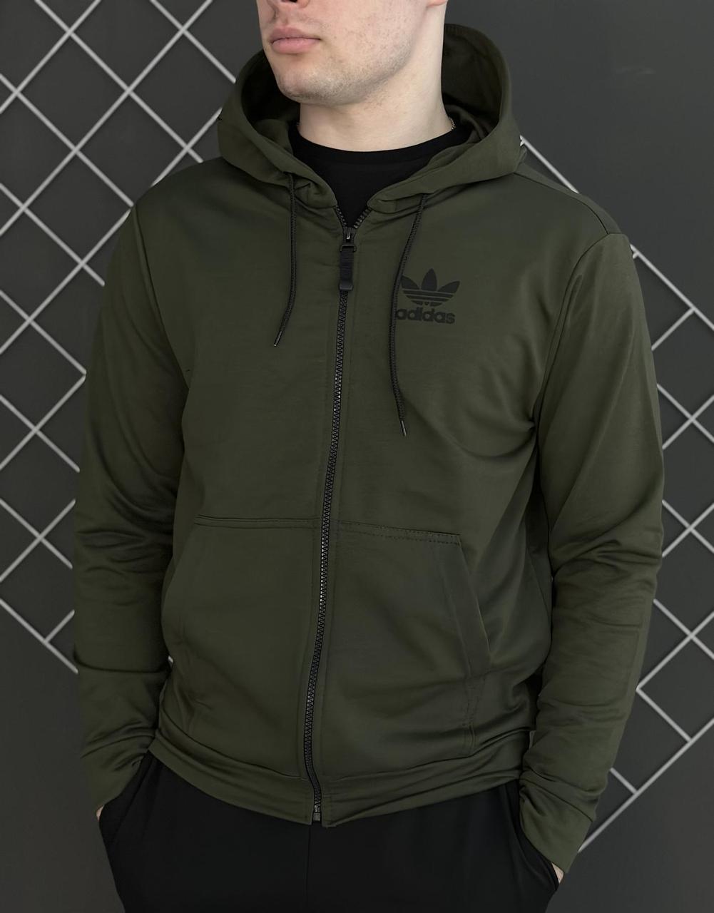 Чоловічі спортивні кофти на змійці Хакі Adidas (двонитка). Чоловіча трикотажна кофта Адідас