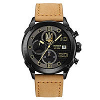Мужские наручные часы с лого герб Украины Patriot 016 чёрные, светло-коричневый ремешок