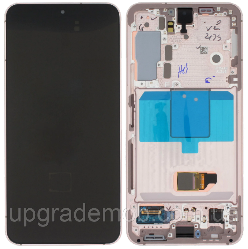Дисплей модуль тачскрин Samsung S901 Galaxy S22 5G чорний Amoled оригінал переклеєне скло з рамкою рожевого