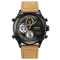 Мужские наручные часы с лого герб Украины Patriot 017 чёрные, светло-коричневый ремешок