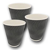 Паперовий одноразовий гофрований стакан чорного кольору об'єм 400 мл/12 oz 15 шт/уп., фото 2