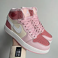 Женские кроссовки Nike Air Jordan 1 Retro Pink Mid (розовые с бежевым и бордовым) молодежные кроссы 0546v