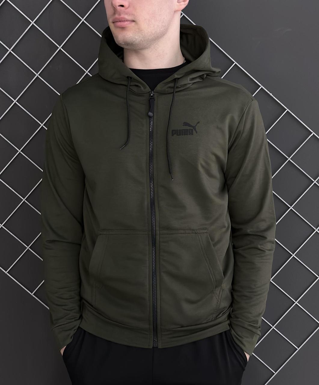 Зелена чоловіча кофта на замку кольору хакі Puma (двонитка). Кофта підлітку на осінь Пума