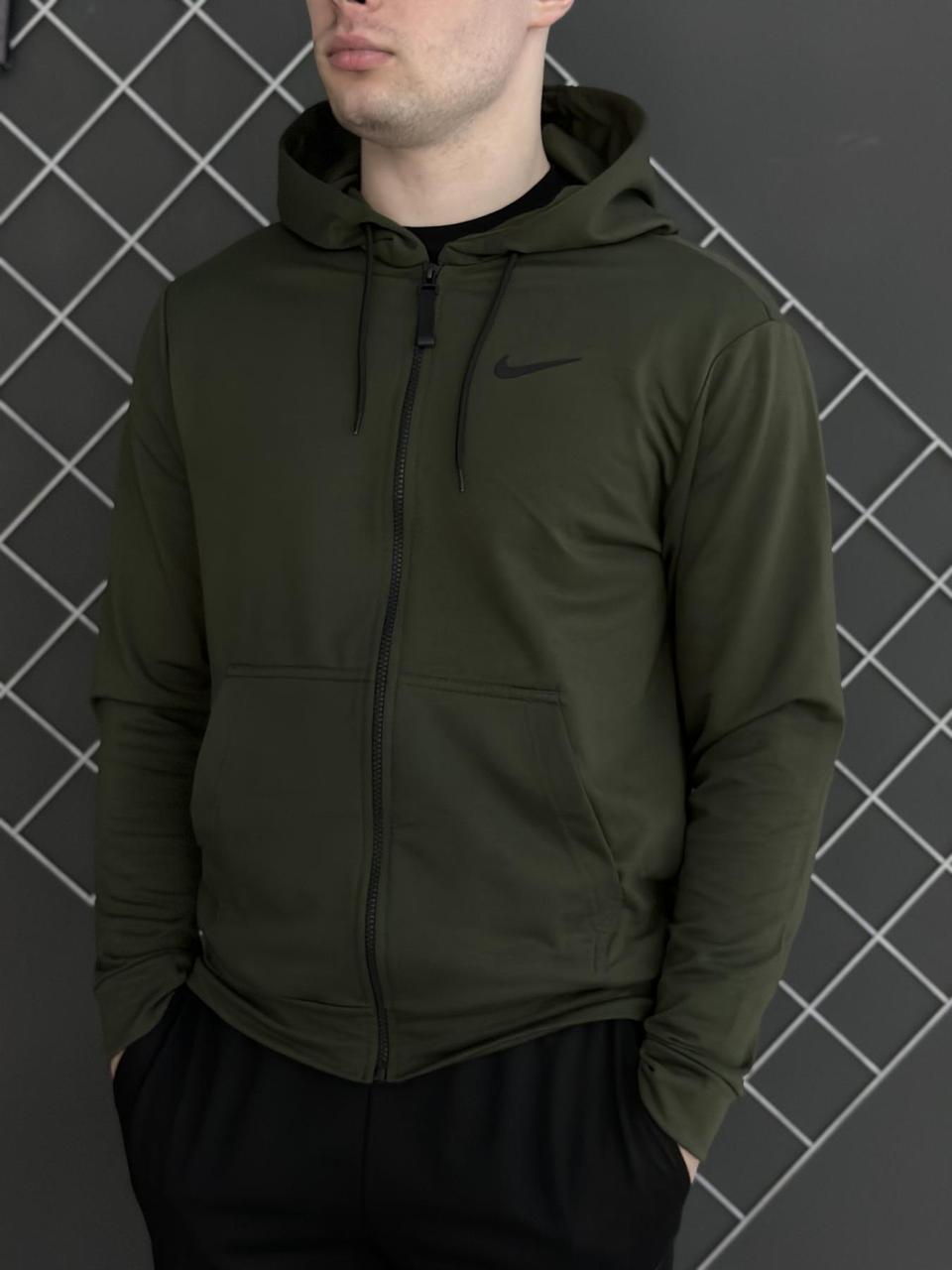Чоловіча толстовка кофта на змійці кольору хакі Nike (двонитка). Осіння чоловіча кофта Найк