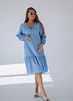55702 Летнее платье жатка для беременных с длинным рукавом и секретом для кормления Голубой