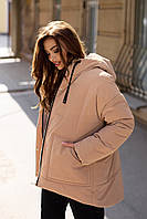Куртка женская зимняя длинная теплая бежевого цвета с капюшоном