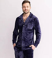 Синяя мужская пижама рубашка и штаны плюшевая велюровая стильная модная