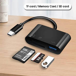 Кардридер OTG конвертер хаб USB Type-C — USB 3.0 + SD Card + TF Card (3 в 1) Black, фото 4