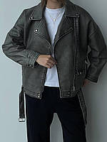 Кожаная куртка косуха в винтажном стиле с ремешком и отложным воротником (р. 42-46) 77011018