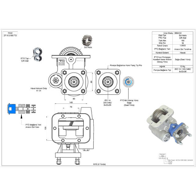 КОМ ZF 6S 500 180 Нм пневматика ISO MURAT MAKINA