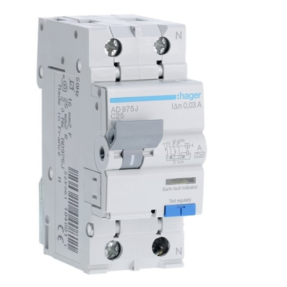 Диференціальний автоматичний вимикач Hager C-25A 1P+N 6kA 30mA (ADA975D)